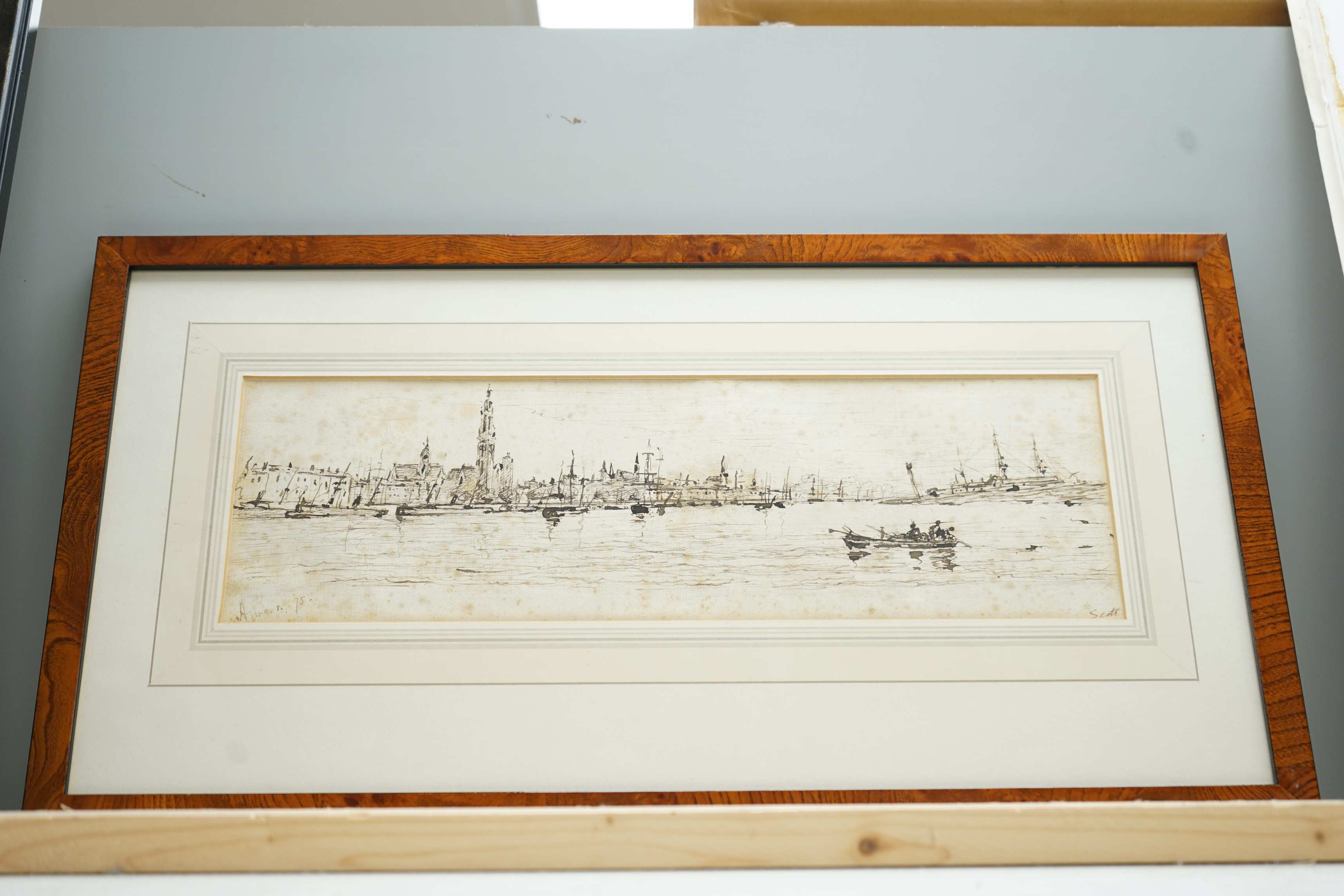 Scott, 19th century pen and ink sketch, ‘Anvers, Belgium’, signed and dated '75, 10 x 34cm. Condition - poor to fair
